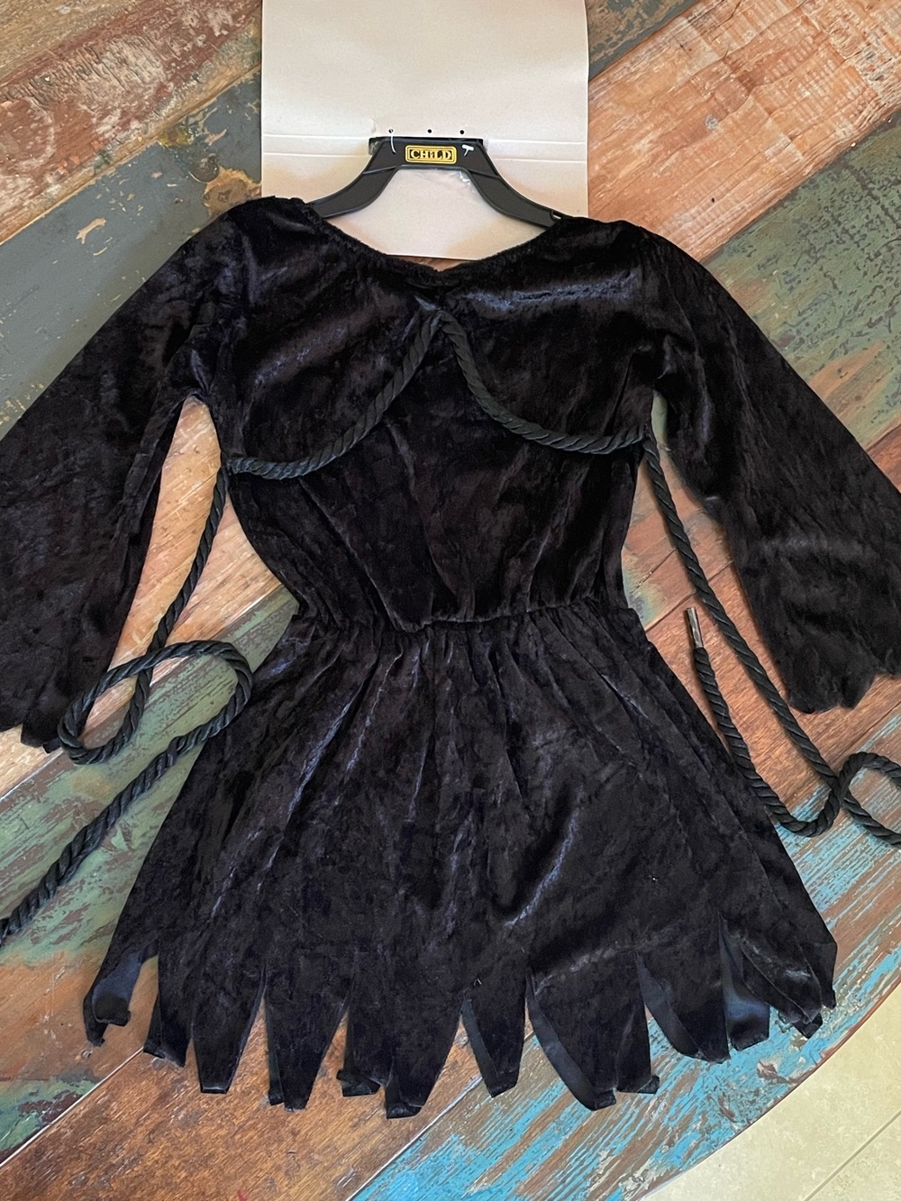 Black Velvet Witch Costume Dress for Kids with Rope Tie